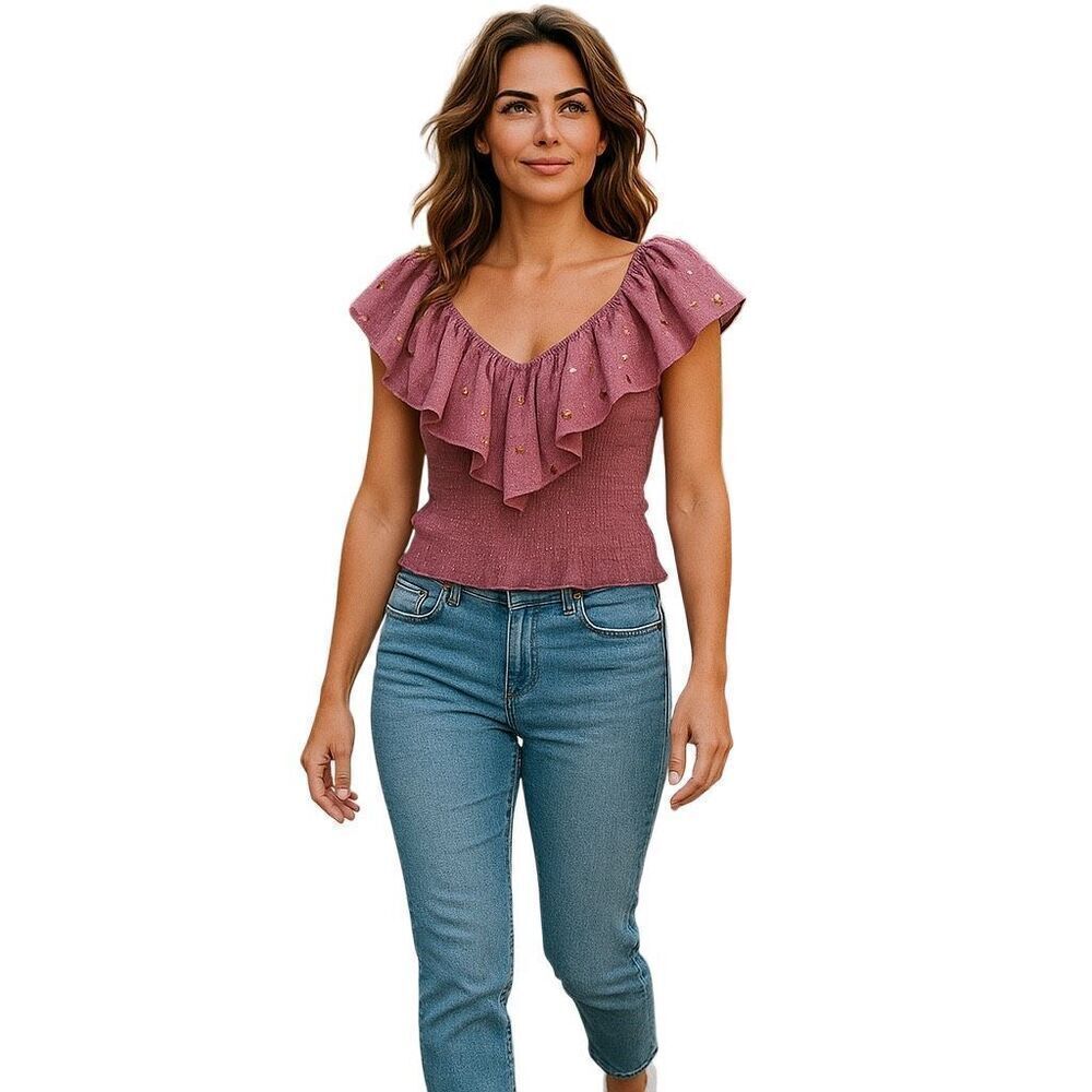 Maeve by Anthropologie Purple Pink Mauve Ruffled Tulle Blouse Size Medium